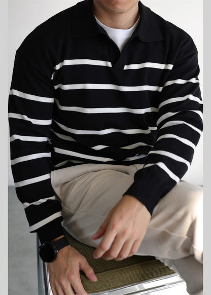 Loose Black Peter Pan Collar Striped Knit Sweater Spring