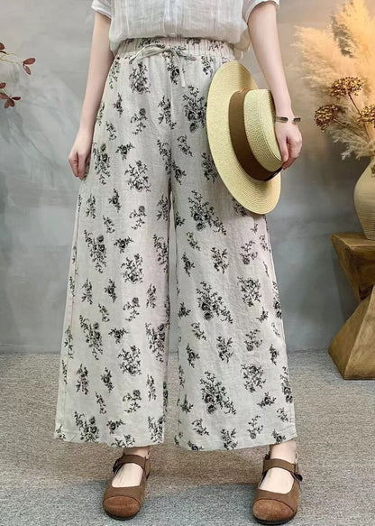 Loose Black Print Elastic Waist Linen Wide Leg Pants Summer