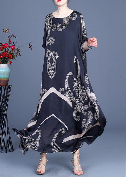 Loose Black Print Short Sleeve Silk Ankle Dress Summer