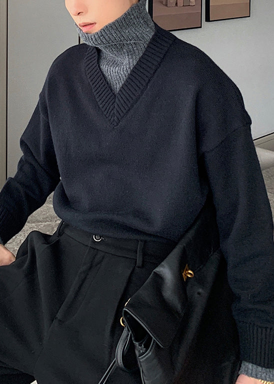 Loose Black Turtleneck Cozy Patchwork Knit Sweater Spring