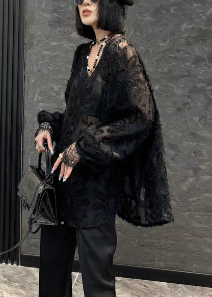 Loose Black V Neck Chiffon Shirt Long Sleeve