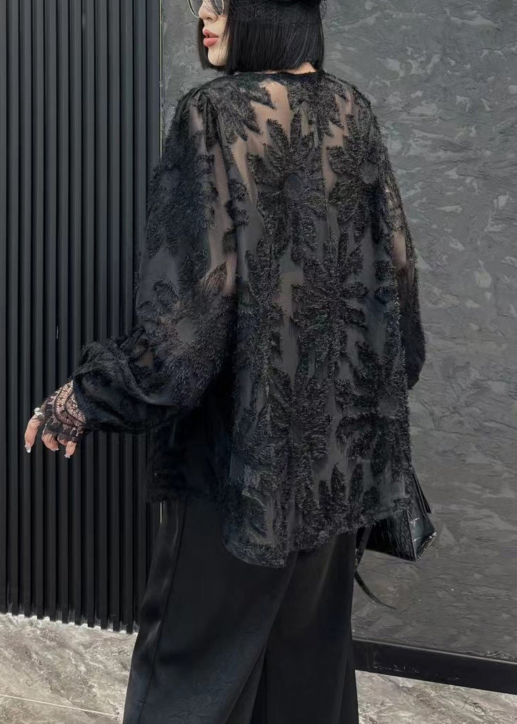 Loose Black V Neck Chiffon Shirt Long Sleeve