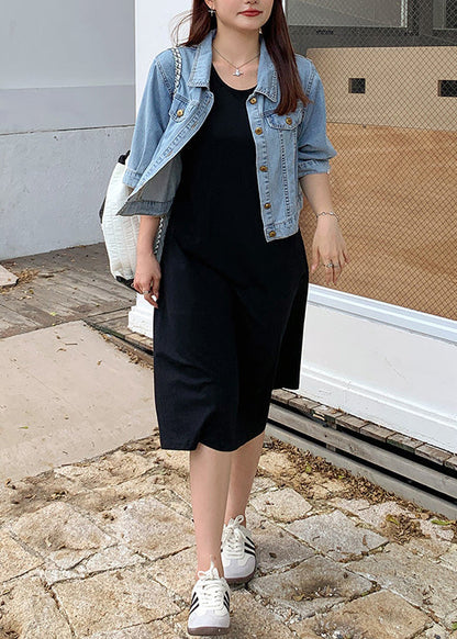 Loose Blue Button Denim Coat and Black Dress Two Piece Suit Fall