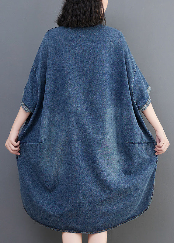 Loose Blue-little Flower Button Side Open Maxi Denim Dress Summer