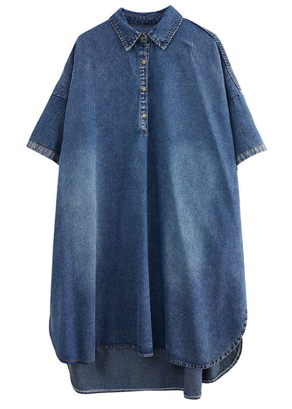 Loose Blue-little Flower Button Side Open Maxi Denim Dress Summer