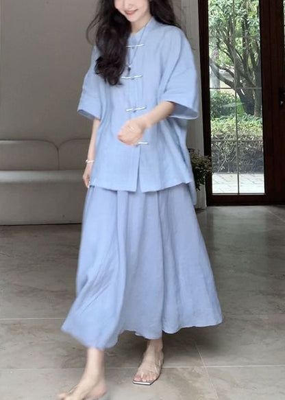 Loose Blue Button Cotton Two Pieces Set Half Sleeve