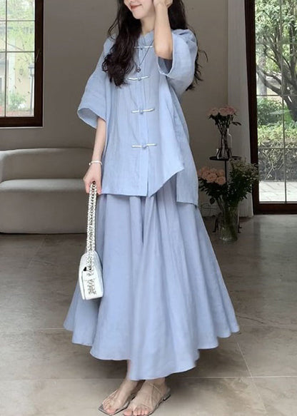Loose Blue Button Cotton Two Pieces Set Half Sleeve