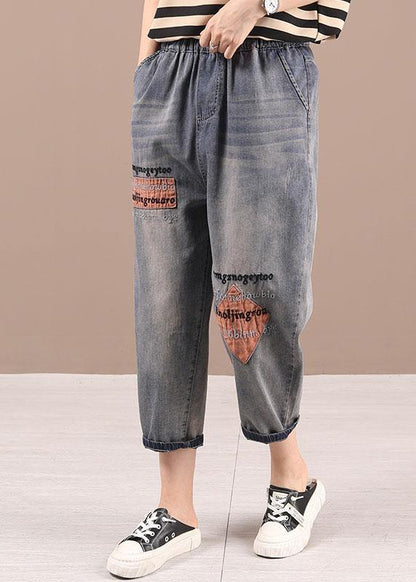 Loose Blue Grey Patchwork Embroideried Pants Denim