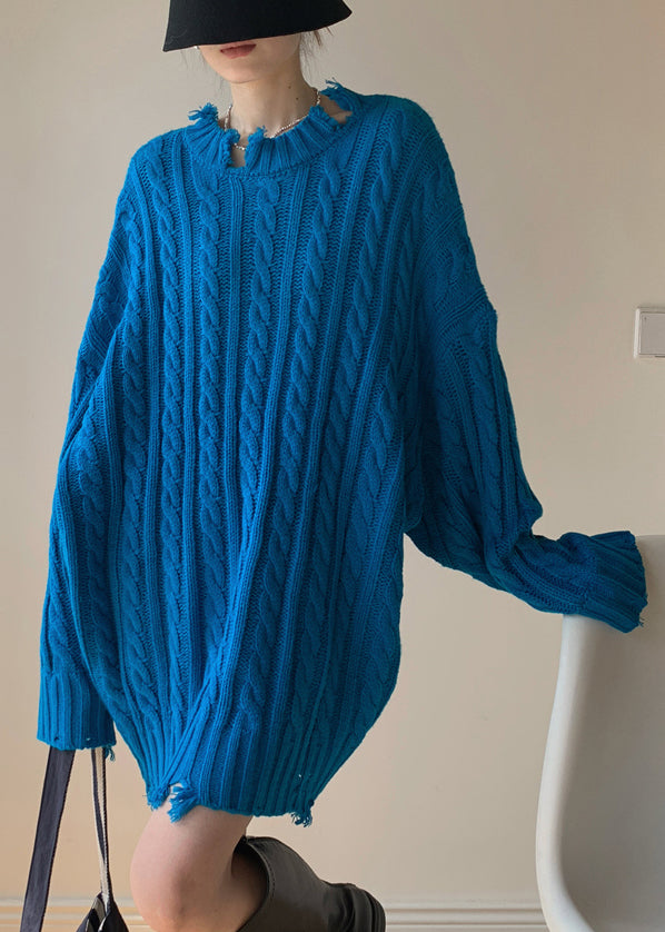 Loose Blue Hole Cable Knit Sweaters Spring
