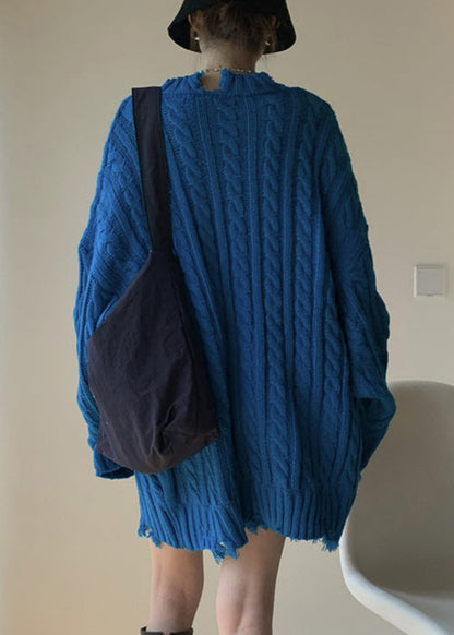 Loose Blue Hole Cable Knit Sweaters Spring