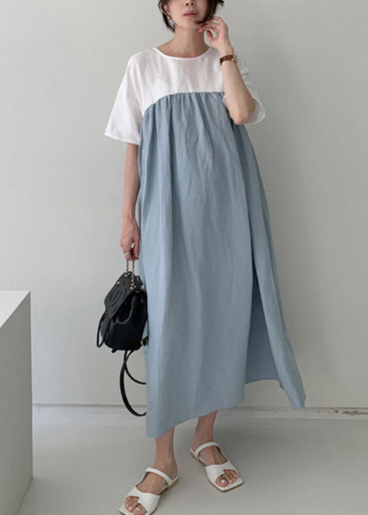 Loose Blue O-neck Patchwork Maxi Dresses Summer