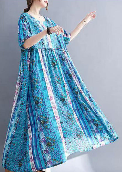 Loose Blue O-neck Print Patchwork Long Dresses Short Sleeve