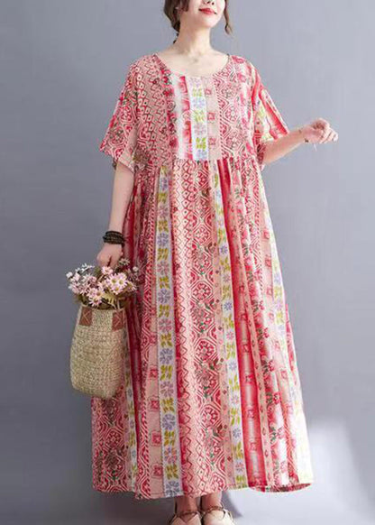 Loose Blue O-neck Print Patchwork Long Dresses Short Sleeve