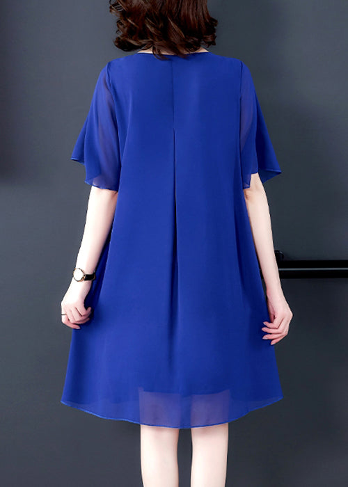 Loose Blue O Neck Chiffon Dresses Summer