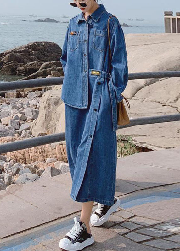 Loose Blue-flower Pockets Button Asymmetrical Design Fall Denim Long Sleeve Long Dress