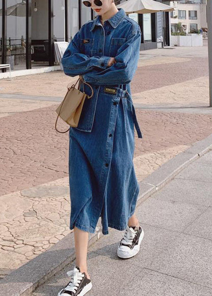 Loose Blue Pockets Button Asymmetrical Design Fall Denim Long Sleeve Long Dress