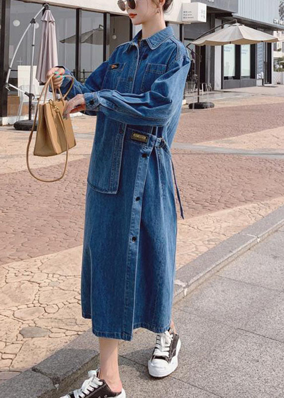 Loose Blue-flower Pockets Button Asymmetrical Design Fall Denim Long Sleeve Long Dress