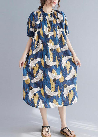 Loose Blue Print Cotton O-neck Loose Summer Mid Dress