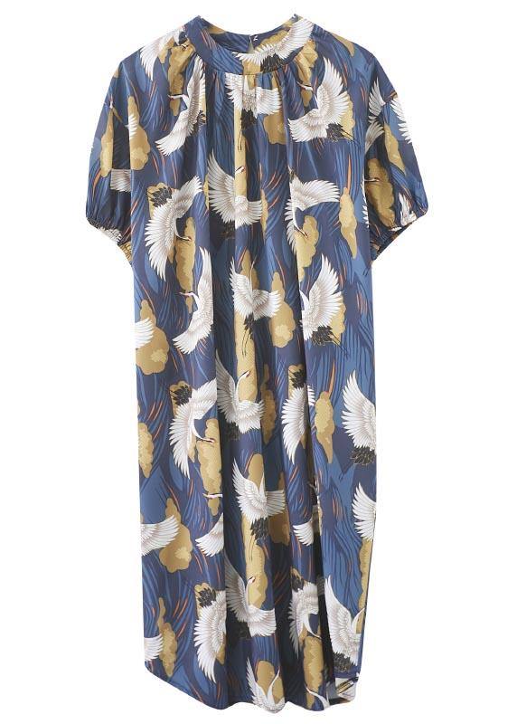 Loose Blue Print Cotton O-neck Loose Summer Mid Dress