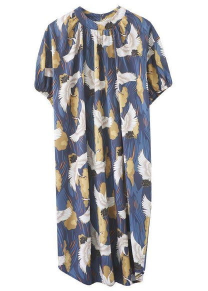Loose Blue Print Cotton O-neck Loose Summer Mid Dress