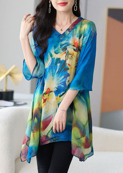 Loose Blue V Neck Print Patchwork Chiffon T Shirt Tops Half Sleeve
