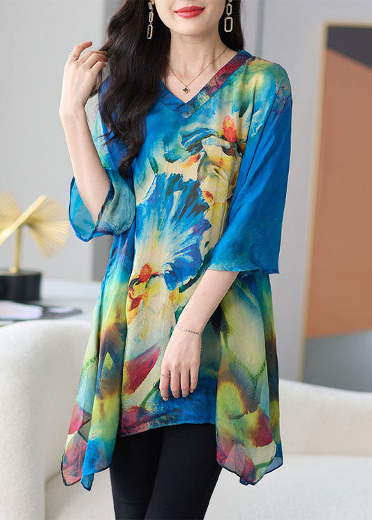 Loose Blue V Neck Print Patchwork Chiffon T Shirt Tops Half Sleeve