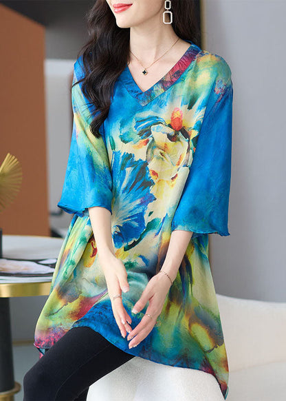 Loose Blue V Neck Print Patchwork Chiffon T Shirt Tops Half Sleeve