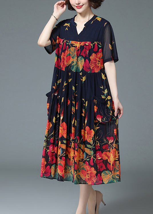 Loose Blue V Neck Wrinkled Print Pockets Chiffon Long Dress Short Sleeve