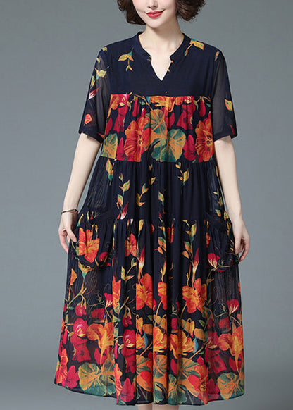 Loose Blue V Neck Wrinkled Print Pockets Chiffon Long Dress Short Sleeve
