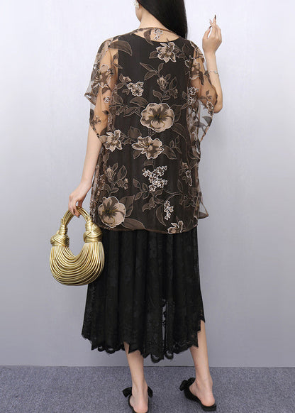 Loose Brown O-neck Tulle Top and Maxi Dress Two Pieces Set Summer
