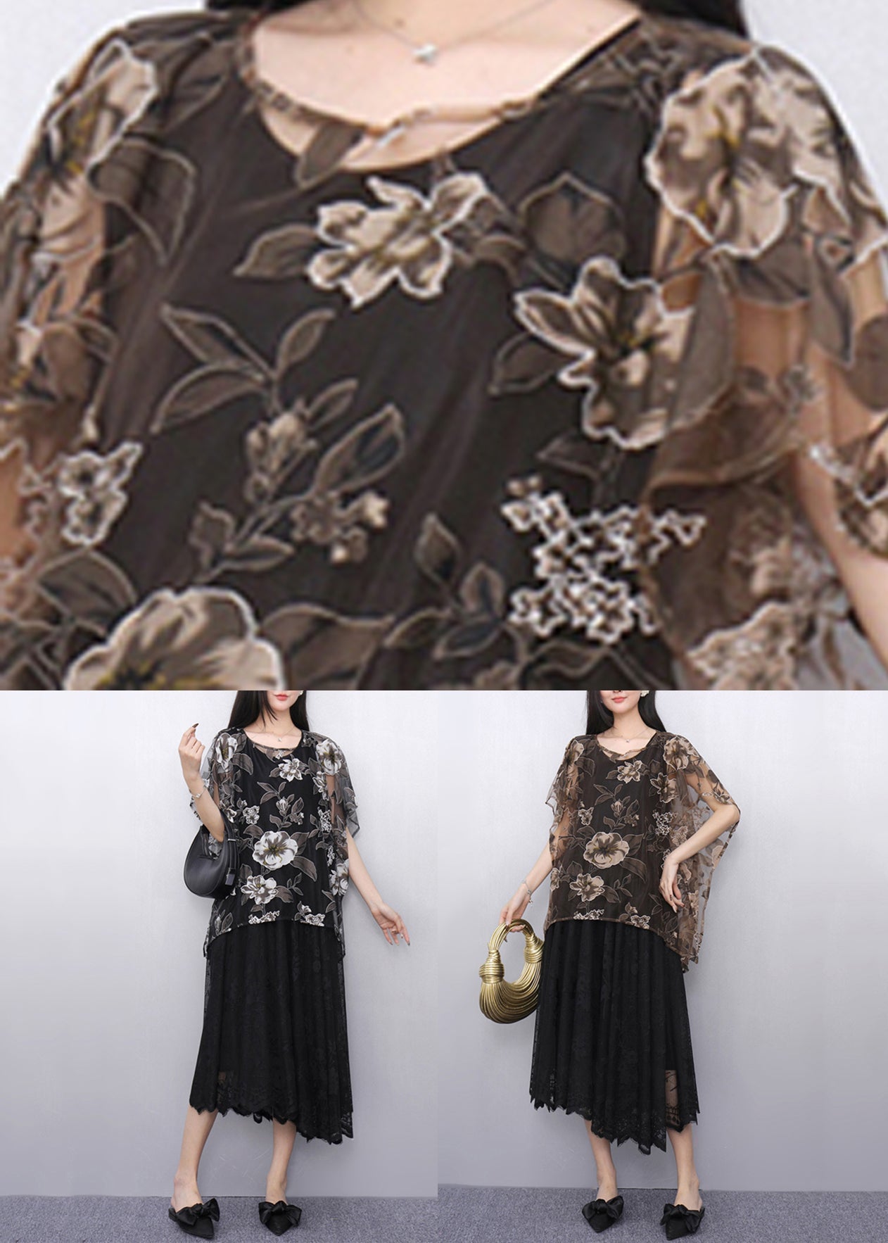 Loose Brown O-neck Tulle Top and Maxi Dress Two Pieces Set Summer