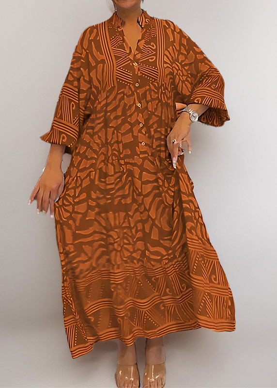 Loose Brown V Neck Print Cotton Long Dresses Spring
