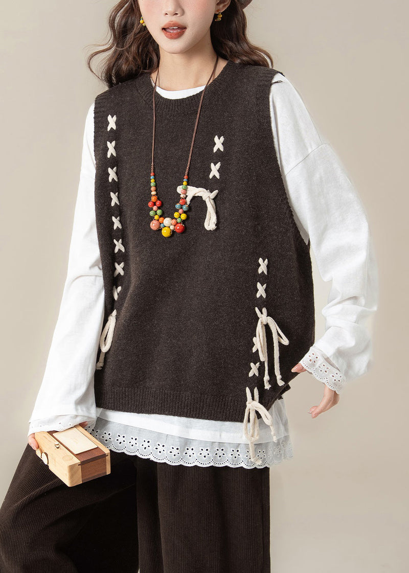 Loose Coffee Lace Up Knit Vest and White Cotton T Shirt Two Piece Set Spring