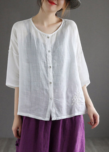 Loose Rose O-neck Embroidered Button Linen Shirt Half Sleeve