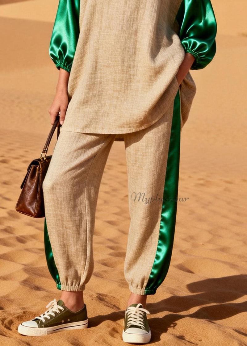 Loose Colorblock Silk Patchwork Linen Two Pieces Set Spring