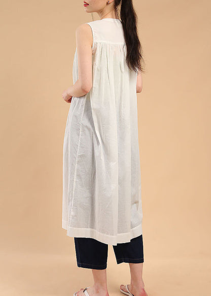 Loose Dark Blue O-neck Wrinkled Button Maxi Shirt Dresses Sleeveless