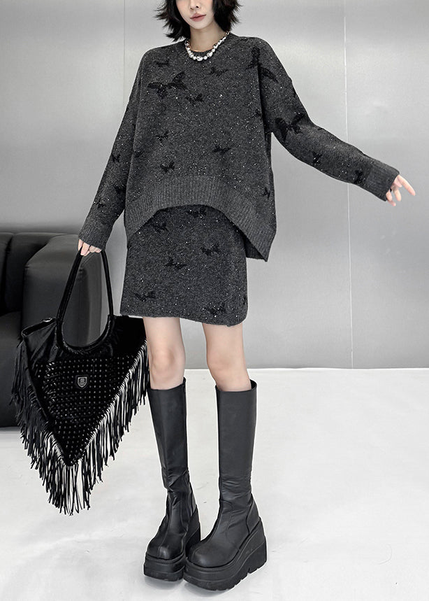 Loose Dark Gray Butterfly Sequins Sweaters and Skirts Knit Two Pieces Set