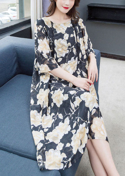 Loose O Neck Print Lace Patchwork Chiffon Dresses Summer