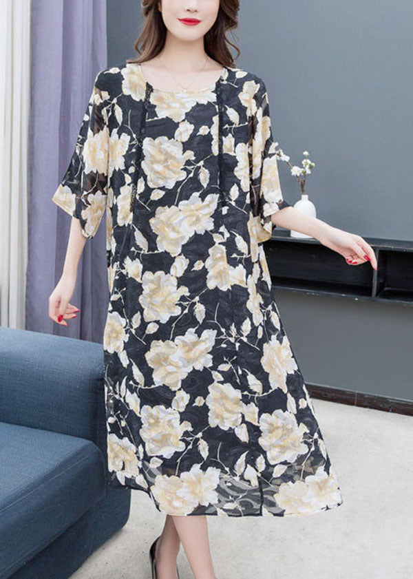Loose O Neck Print Lace Patchwork Chiffon Dresses Summer