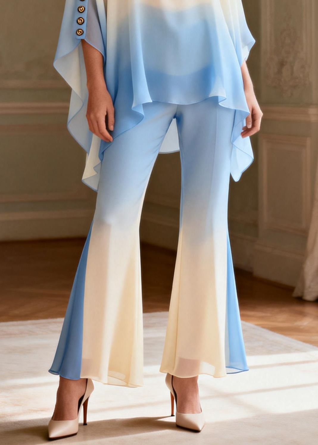 Loose Gradient Color O-neck Low High Design Chiffon Two Pieces Set Spring