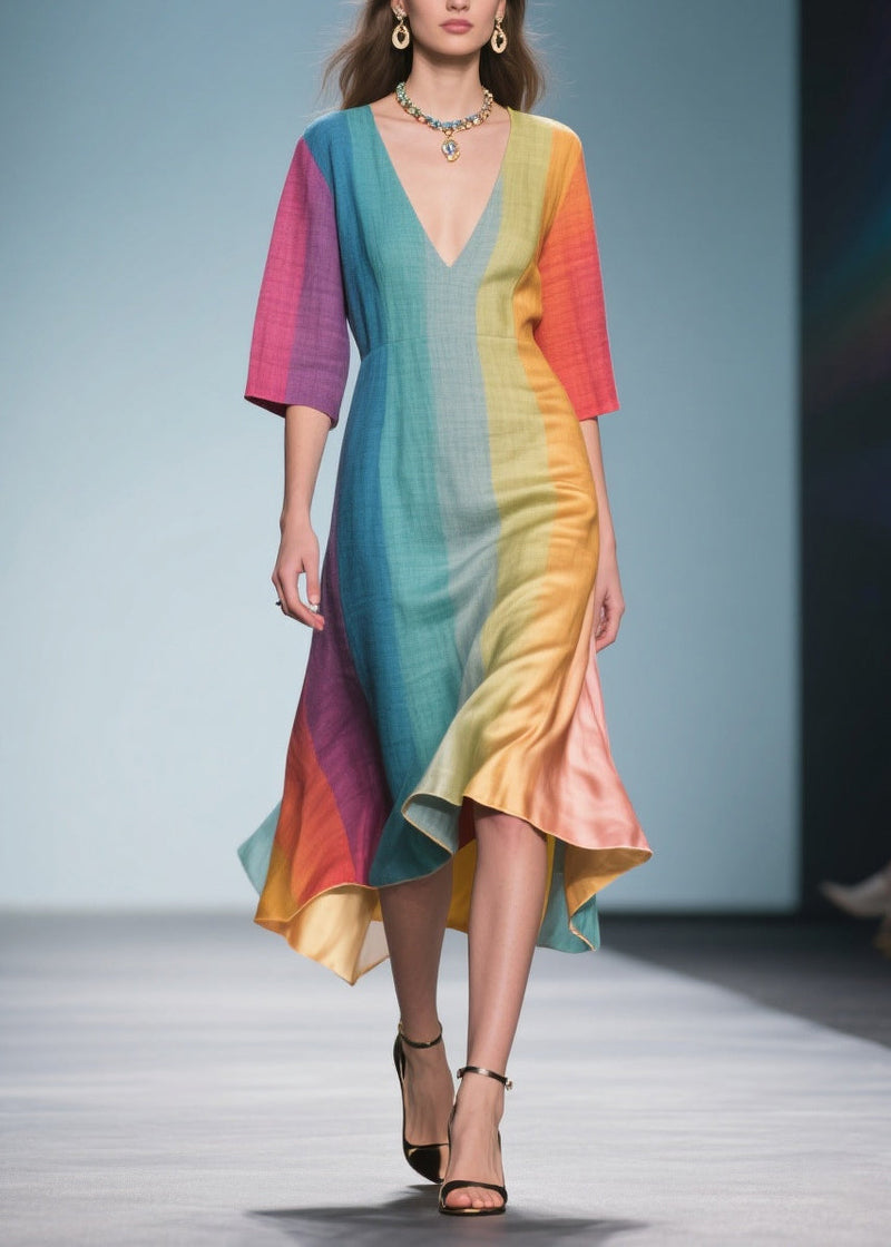 Loose Gradient Color V Neck Linen Silk Maxi Dress Summer