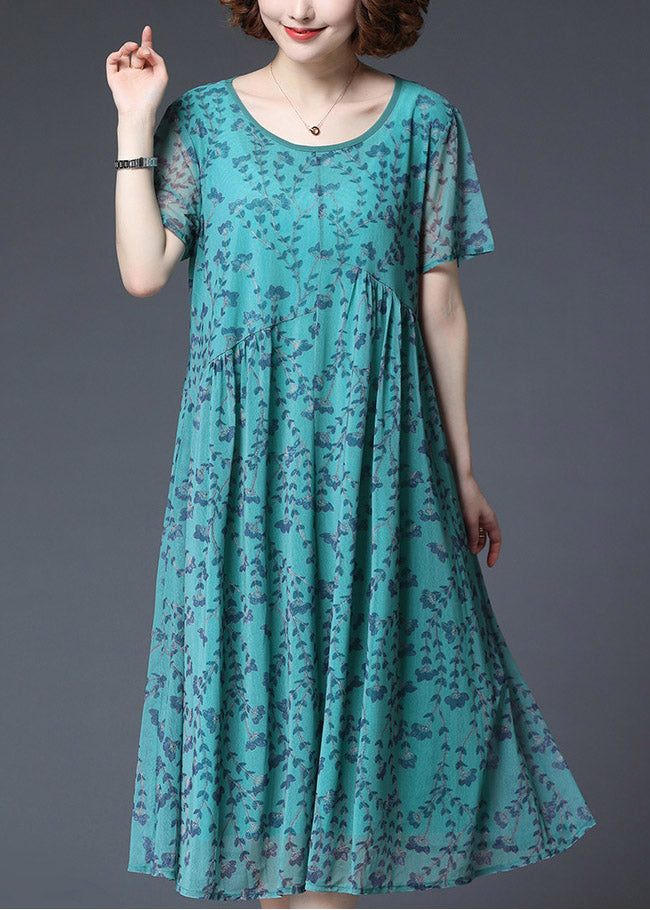 Loose Green O-neck Print Chiffon Long Dress Short Sleeve