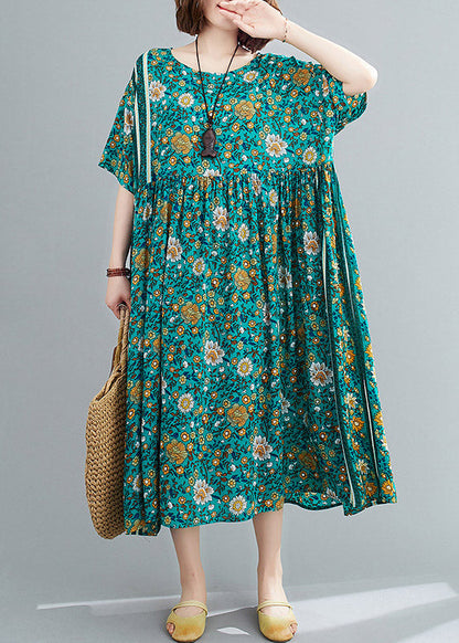 Loose Green O-neck Print Wrinkled Long Dresses Short Sleeve