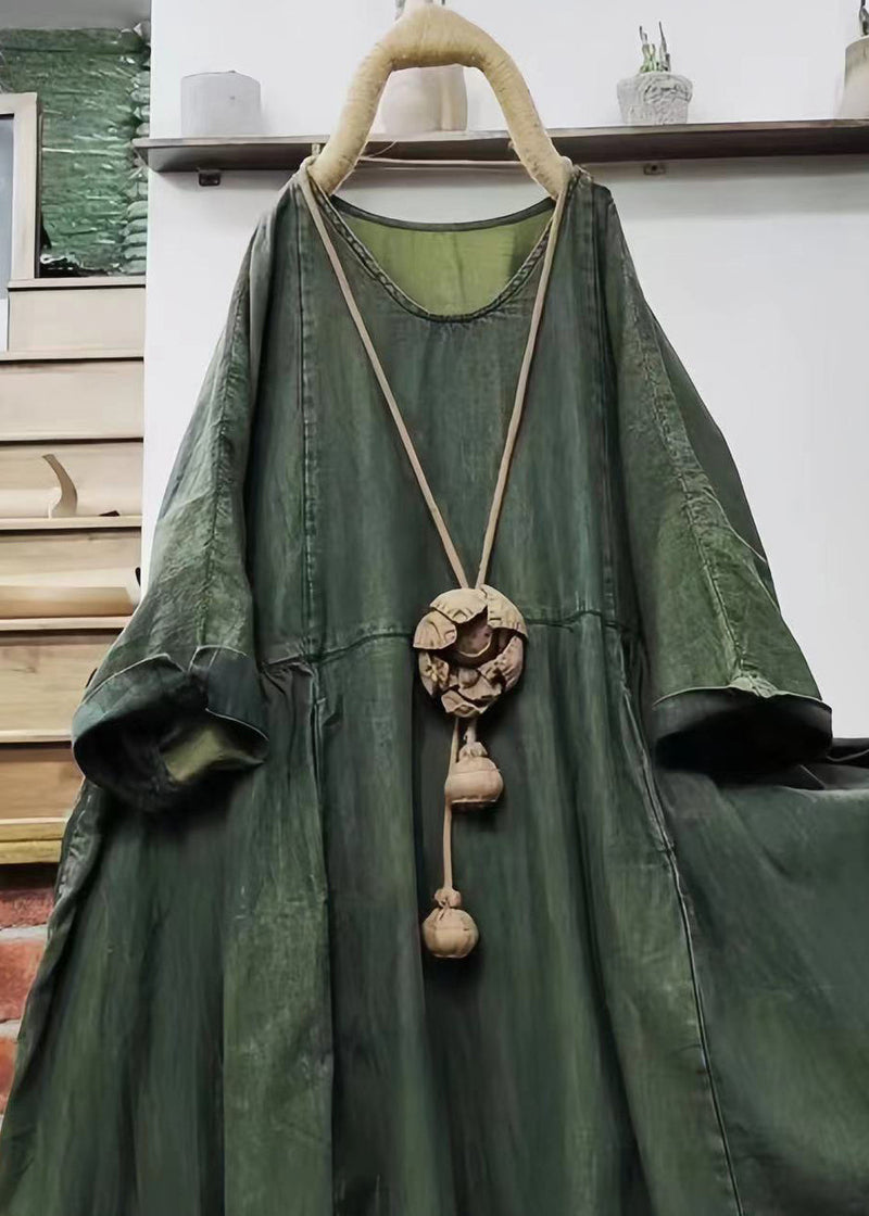 Loose Green O Neck Cotton Mid Dress Long Sleeve