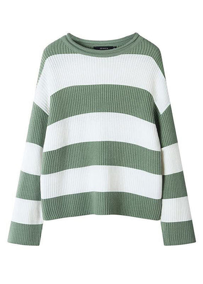 Loose Green O-neck Striped Patchwork Cotton Knit Sweater Tops Fall