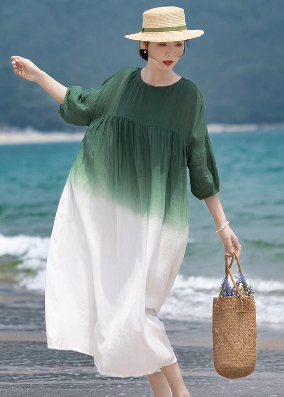 Loose Green O-neck Wrinkled Patchwork Cotton Dress Half Sleeve