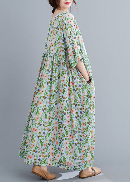 Loose Green O-neck Wrinkled Print Long Dress Short Sleeve