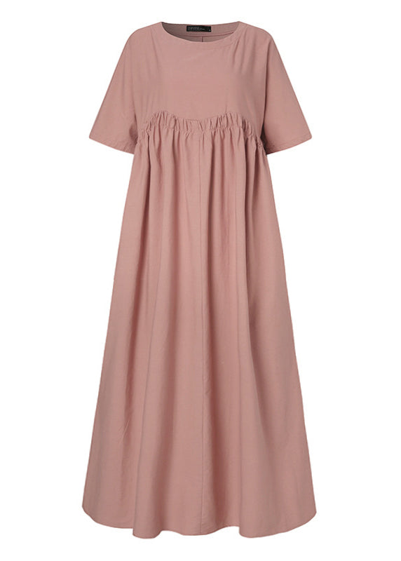 Loose Green Patchwork Wrinkled Cotton Blend Maxi Dress Short Sleeve