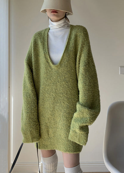 Loose Green Sweaters and Turtleneck Tank Knit Two Piece Set Spring