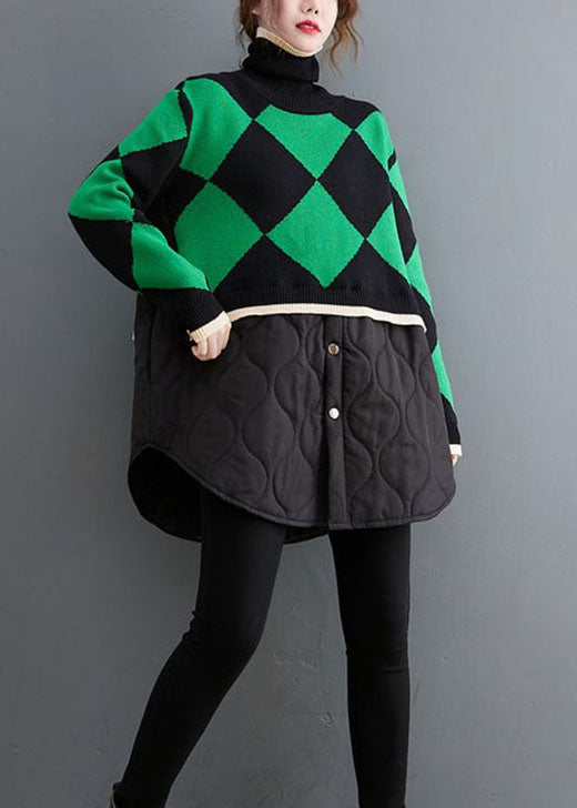 Loose Green Turtle Neck Patchwork Knit Top Winter